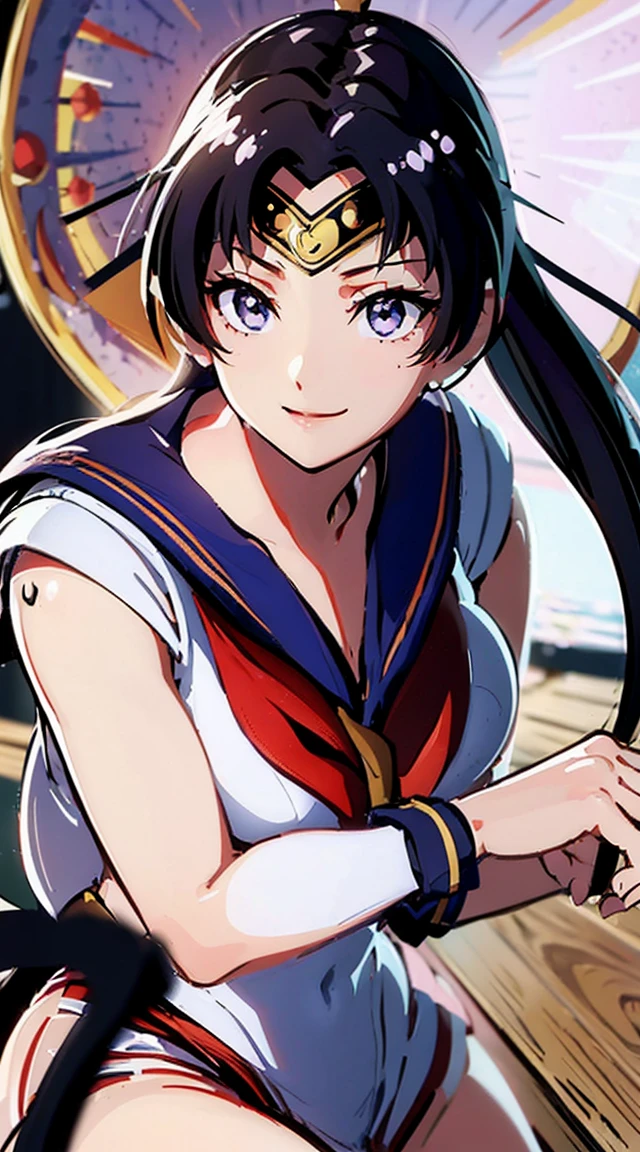 (((Sailor Pluto:1.6)))、smile, View your viewers, (((Sailor Warrior Uniforms:1.8))), skirt, gloves、((8K)), ((32k)), ((Highest quality)), ((masterpiece)), ((超High resolution)), ((Tmasterpiece)), (((head shot:1.6)))、((8K)), ((32k)), ((Highest quality)), ((masterpiece)), ((超High resolution)), Fine skin、Expose your shoulders、魅惑的なsmile、Brown Hair, Brown eyes, Long and high ponytail, hair band, 1 person、Age 25, Japanese Mature, beautiful指, beautiful長い脚, beautiful体, beautiful鼻, beautifulキャラクターデザイン, Perfect Eyes, Perfect Face, jewelry, See through, smile、hair ornaments, king of fighters、 (Tabletop, Highest qualityの, Highest quality, beautifully、beautiful: 1.2), Very detailed, More detailed,適切な体のProfessionalポーション,Tabletop,Ultra-high quality output images,High resolution,Intricate details,Very delicate and beautiful hair,Realistic photos,dream-like,Professionalの照明,Realistic Shadows,Focus Only, (Big Breasts:1.2,) , フローティングskirtFine skinの質感, High quality fabric, High quality metallic texture、((Beautiful and dense face))、RAW Photos、Professional, Ultra-fine painting, ((alone)), beautiful胸、Highest quality, Very detailed, Very detailed詳細, Finer details, so beautiful,(Five Fingers, Four fingers and thumb),Concept Art, Anime fantasy artwork, Detailed fantasy art,8KHigh resolution, Detailed Art, 8 Slim legs, Defined, Defined fingers