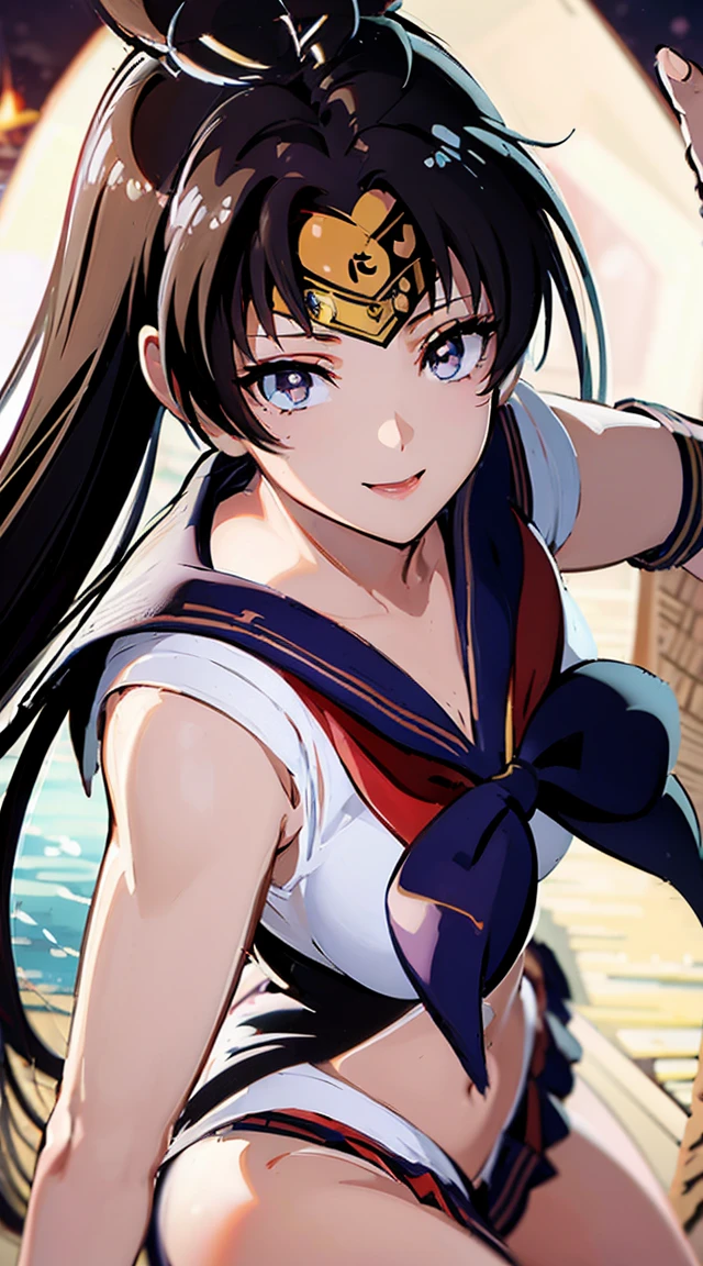 (((Sailor Pluto:1.6)))、smile, View your viewers, (((Sailor Warrior Uniforms:1.8))), skirt, gloves、((8K)), ((32k)), ((Highest quality)), ((masterpiece)), ((超High resolution)), ((Tmasterpiece)), (((head shot:1.6)))、((8K)), ((32k)), ((Highest quality)), ((masterpiece)), ((超High resolution)), Fine skin、Expose your shoulders、魅惑的なsmile、Brown Hair, Brown eyes, Long and high ponytail, hair band, 1 person、Age 25, Japanese Mature, beautiful指, beautiful長い脚, beautiful体, beautiful鼻, beautifulキャラクターデザイン, Perfect Eyes, Perfect Face, jewelry, See through, smile、hair ornaments, king of fighters、 (Tabletop, Highest qualityの, Highest quality, beautifully、beautiful: 1.2), Very detailed, More detailed,適切な体のProfessionalポーション,Tabletop,Ultra-high quality output images,High resolution,Intricate details,Very delicate and beautiful hair,Realistic photos,dream-like,Professionalの照明,Realistic Shadows,Focus Only, (Big Breasts:1.2,) , フローティングskirtFine skinの質感, High quality fabric, High quality metallic texture、((Beautiful and dense face))、RAW Photos、Professional, Ultra-fine painting, ((alone)), beautiful胸、Highest quality, Very detailed, Very detailed詳細, Finer details, so beautiful,(Five Fingers, Four fingers and thumb),Concept Art, Anime fantasy artwork, Detailed fantasy art,8KHigh resolution, Detailed Art, 8 Slim legs, Defined, Defined fingers
