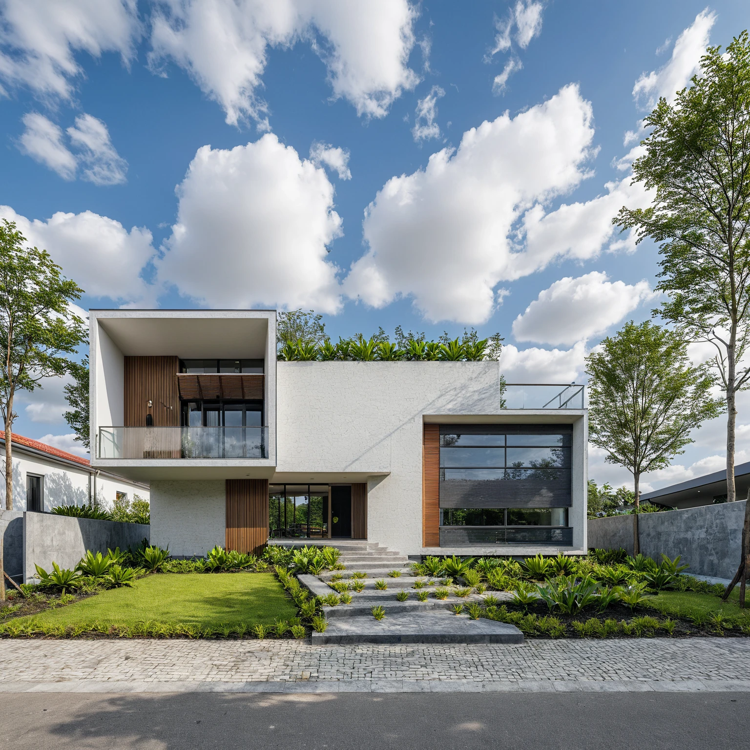 Masterpiece, 4k pixcel, high quality, best quality, authentic, super detail, outdoors, onestoreyvillaXL, aiaigroup, house style modern on the street ,stairs, white wall ,road,pavement, grass, trees, sky, cloud, (daylight:1.1)
