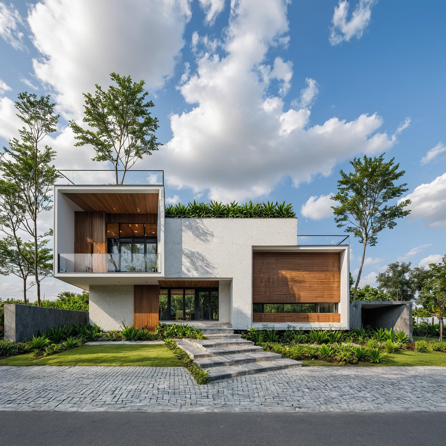 Masterpiece, 4k pixcel, high quality, best quality, authentic, super detail, outdoors, onestoreyvillaXL, aiaigroup, house style modern on the street ,stairs, white wall ,road,pavement, grass, trees, sky, cloud, (daylight:1.1)