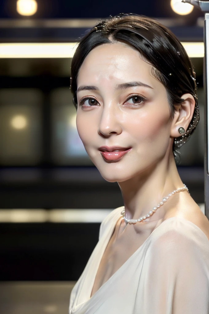 (((Ultimate Photorealistic, ultimate high-quality 32k photo))),(((From the front、cowboy-shot photo, looking at viewer))),(((( Seductive pose, 7 heads、Staring Intently :1.8)))),(((A pure white business blouse with a wide V-neck and extremely thin fabric., Soaking wet、She is looking straight at the camera with a very shy look on her face.。light makeup、A simply styled, lustrous, short black haircut。A very simple and very modest pearl necklace 1.4)))。((Highest quality)), ((masterpiece)), (((detailed))), (midnight ,A modern train station platform in Tokyo on a dark, pouring, stormy night, Low Key Lighting:1.6)、(((A very beautiful, extremely elegant and intelligent 39-year-old Japanese woman。Very intelligent and plump。An extremely elegant, calm and modest smile, Being drunk、My eyes are quite watery、I&#39;m very horny、embarrassed ,blush, Curvy Body、Extremely realistic, detailed and beautiful depiction of the face and waist:1.9)))、(((The skin is white and very smooth。A very hot rainy summer night、I&#39;m pretty sweaty、My clothes were soaked and pretty see-through.、When wet, it sticks tightly to the skin, revealing the beautiful lines of the body.、Through the extremely thin fabric, her skin and her navy blue, lacy, high-end underwear are clearly visible.:1.9)))。(((A simple and elegant business pencil skirt in a plain navy blue knee-length,The clothes fit the body very well:1.8))), ((Healthy Body、The line of the chest, collarbone and décolletage are extremely beautiful.:1.9))。(((large&good hips、large&nice chests )))