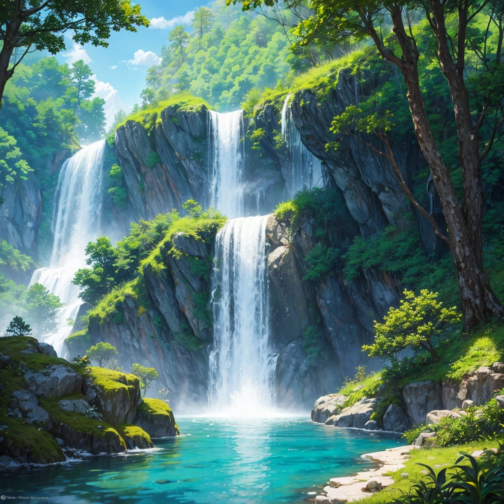 Create a hyper-realistic digital painting of a serene natural landscape. The scene should feature multiple cascading waterfalls flowing into a crystal-clear turquoise river. Surround the waterfalls with lush, dense greenery, including various shades of green to depict different types of foliage. In the background, include tall, majestic mountains with some snow-capped peaks. The sky should be bright blue with fluffy, white clouds scattered across it. Ensure the lighting highlights the vibrancy of the foliage and the clarity of the water, giving the entire scene a tranquil and refreshing atmosphere