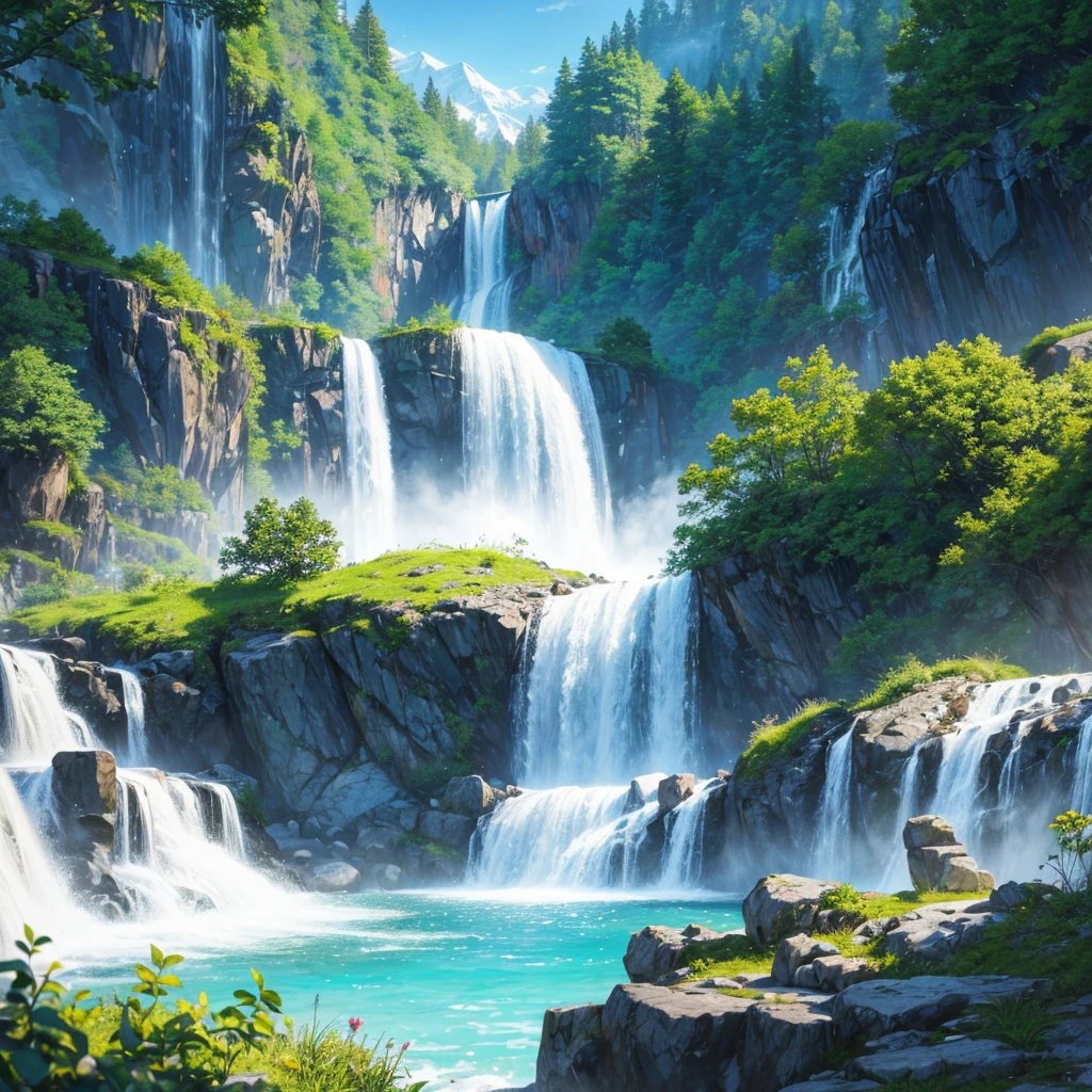 Create a hyper-realistic digital painting of a serene natural landscape. The scene should feature multiple cascading waterfalls flowing into a crystal-clear turquoise river. Surround the waterfalls with lush, dense greenery, including various shades of green to depict different types of foliage. In the background, include tall, majestic mountains with some snow-capped peaks. The sky should be bright blue with fluffy, white clouds scattered across it. Ensure the lighting highlights the vibrancy of the foliage and the clarity of the water, giving the entire scene a tranquil and refreshing atmosphere