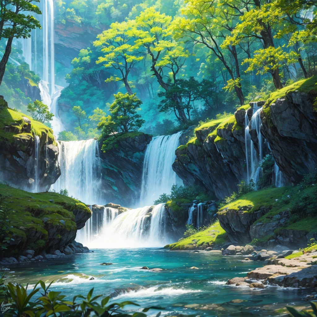 Create a hyper-realistic digital painting of a serene natural landscape. The scene should feature multiple cascading waterfalls flowing into a crystal-clear turquoise river. Surround the waterfalls with lush, dense greenery, including various shades of green to depict different types of foliage. In the background, include tall, majestic mountains with some snow-capped peaks. The sky should be bright blue with fluffy, white clouds scattered across it. Ensure the lighting highlights the vibrancy of the foliage and the clarity of the water, giving the entire scene a tranquil and refreshing atmosphere