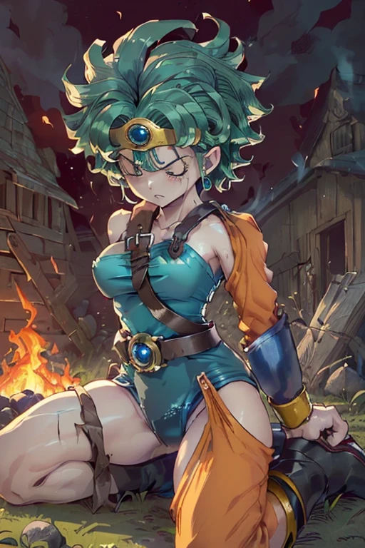 (((Dragon Quest 3 Costumes)))、distinct、(((Female Warrior)))、(((Whole body expression))),(((Sage)))、(((alone)))、(((Go down)))、(((Clothes are torn)))、((Make the most of your original images))、((The clothes are severely torn))、((Bloodstained))、((Stockings are torn))、((Best image quality、8K))、Ultra-high resolution、(((On one knee)))、(((Hands tied with chains))),(((I'm fainting))),(((Bleeding from many wou(My chest is about to burst)))、(((The flames burn on the clothes)))、(((Hot air makes it hard to breathe)))、(((The costume is torn)))、(((Under attack from the enemy)))、(((My body is numb)))、(((Direct lightning strike)))、(((Rock Bottom of Despair)))、(((I am enduring it with willpower alone.))),(((服に炎が燃えうつる)))、(((目はクリアー)))。