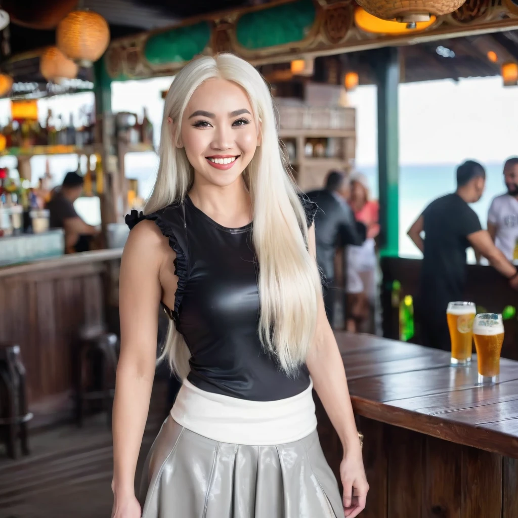 A 30-year-old (Chinese) Irish Aboriginal woman, Yong McAllister, beautiful, round face, smiling, muscular body, with straight very long white blonde hair, wearing a latex vest over a cashmere t-shirt, long ruffled gothic skirt, handcuffed, standing at a Dubai beach bar