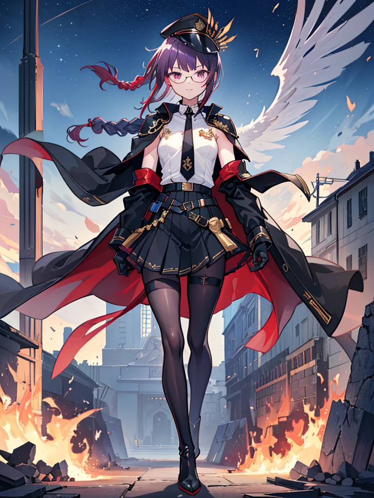 realisitic, City Deserted, Pile of rubble, Brick building, a one woman (18 years old, far away blackw hair, far away slits, Eyes red, glare eyes, 精致的面容, standing (In floor, feet shoulder-width apart), ta style military uniform (blackw base, Red Insert, golden decoration, volantes, wide sleeves, dainty and delicate detailing armors), blackw far away gloves (blackw, Red Insert, golden decoration, small hands, armors), blackw far away gloves, knee high boots (blackw, high-heels, red soles), ha (blackw, aba dourada, shield emblem, delicate details), arms in front, Front of belly, Holding military swords with both hands (blackw, golden decoration, delicate detail, Handle at the top, Ground-facing blade, in front of the body, far away), night sky (blackw, stele, Increased flames and smoke), Pale painting style, One Girl, super high quality, Super Detail, Super Detailed image, long hair, looking at viewer, skirt, shirt, hair ornament, violet eyes, gloves, round glasses, long sleeves, hat, closed mouth, jacket, violet hair, braid, open clothes, necktie, black gloves, black skirt, uniform, single braid, open jacket, black jacket, black headwear, 手链, peaked cap, black necktie, cropped jacket, military hat, pantyhose, Flat Chest, smile, Black Cape