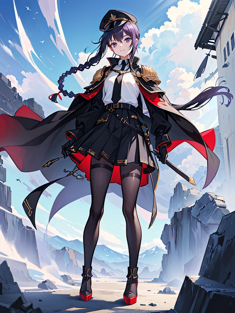 realisitic, City Deserted, Pile of rubble, Brick building, a one woman (18 years old, far away blackw hair, far away slits, Eyes red, glare eyes, 精致的面容, standing (In floor, feet shoulder-width apart), Lolita style military uniform (blackw base, Red Insert, golden decoration, volantes, wide sleeves, dainty and delicate detailing armors), blackw far away gloves (blackw, Red Insert, golden decoration, small hands, armors), blackw far away gloves, knee high boots (blackw, high-heels, red soles), ha (blackw, aba dourada, shield emblem, delicate details), arms in front, Front of belly, Holding military swords with both hands (blackw, golden decoration, delicate detail, Handle at the top, Ground-facing blade, in front of the body, far away), night sky (blackw, stele, Increased flames and smoke), Pale painting style, One Girl, super high quality, Super Detail, Super Detailed image, long hair, looking at viewer, skirt, shirt, hair ornament, violet eyes, gloves, round glasses, long sleeves, hat, closed mouth, jacket, violet hair, braid, open clothes, necktie, black gloves, black skirt, uniform, single braid, open jacket, black jacket, black headwear, 手链, peaked cap, black necktie, cropped jacket, military hat, pantyhose, Flat Chest, smile, Black Cape
