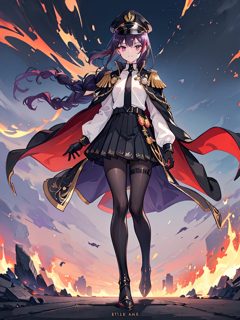 realisitic, City Deserted, Pile of rubble, Brick building, a one woman (18 years old, far away blackw hair, far away slits, Eyes red, glare eyes, 精致的面容, standing (In floor, feet shoulder-width apart), Lolita style military uniform (blackw base, Red Insert, golden decoration, volantes, wide sleeves, dainty and delicate detailing armors), blackw far away gloves (blackw, Red Insert, golden decoration, small hands, armors), blackw far away gloves, knee high boots (blackw, high-heels, red soles), ha (blackw, aba dourada, shield emblem, delicate details), arms in front, Front of belly, Holding military swords with both hands (blackw, golden decoration, delicate detail, Handle at the top, Ground-facing blade, in front of the body, far away), night sky (blackw, stele, Increased flames and smoke), Pale painting style, One Girl, super high quality, Super Detail, Super Detailed image, long hair, looking at viewer, skirt, shirt, hair ornament, violet eyes, gloves, round glasses, long sleeves, hat, closed mouth, jacket, violet hair, braid, open clothes, necktie, black gloves, black skirt, uniform, single braid, open jacket, black jacket, black headwear, 手链, peaked cap, black necktie, cropped jacket, military hat, pantyhose, Flat Chest, smile, Black Cape