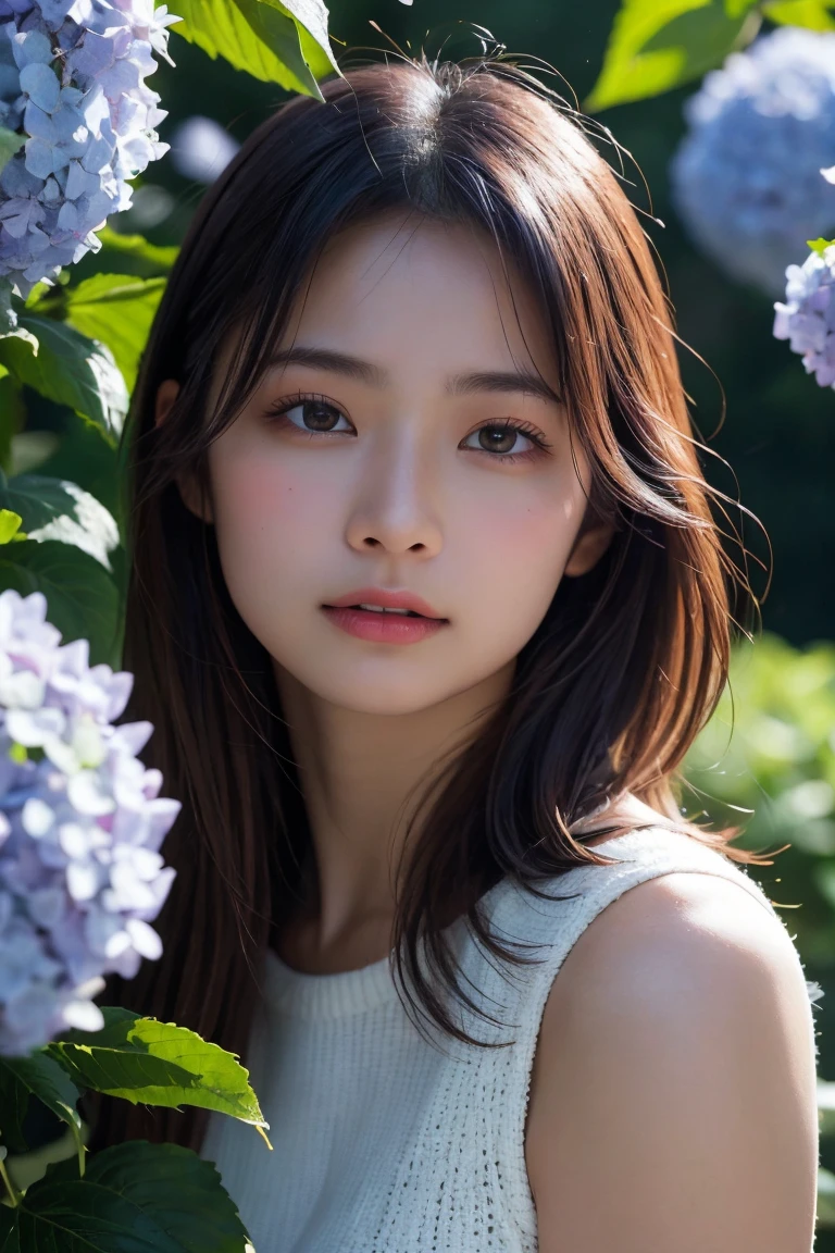 A highly detailed, photorealistic portrait of a beautiful young Asian woman with smooth skin, large expressive eyes, and natural makeup. She is surrounded by lush hydrangea bushes, with soft lighting and a shallow depth of field. The background is slightly blurred to emphasize her face. The image should capture her serene and gentle expression, with a focus on her delicate features and the natural beauty of the scene. High resolution, 8K, ultra-detailed, masterpiece, best quality、((Upper Body:1.3))