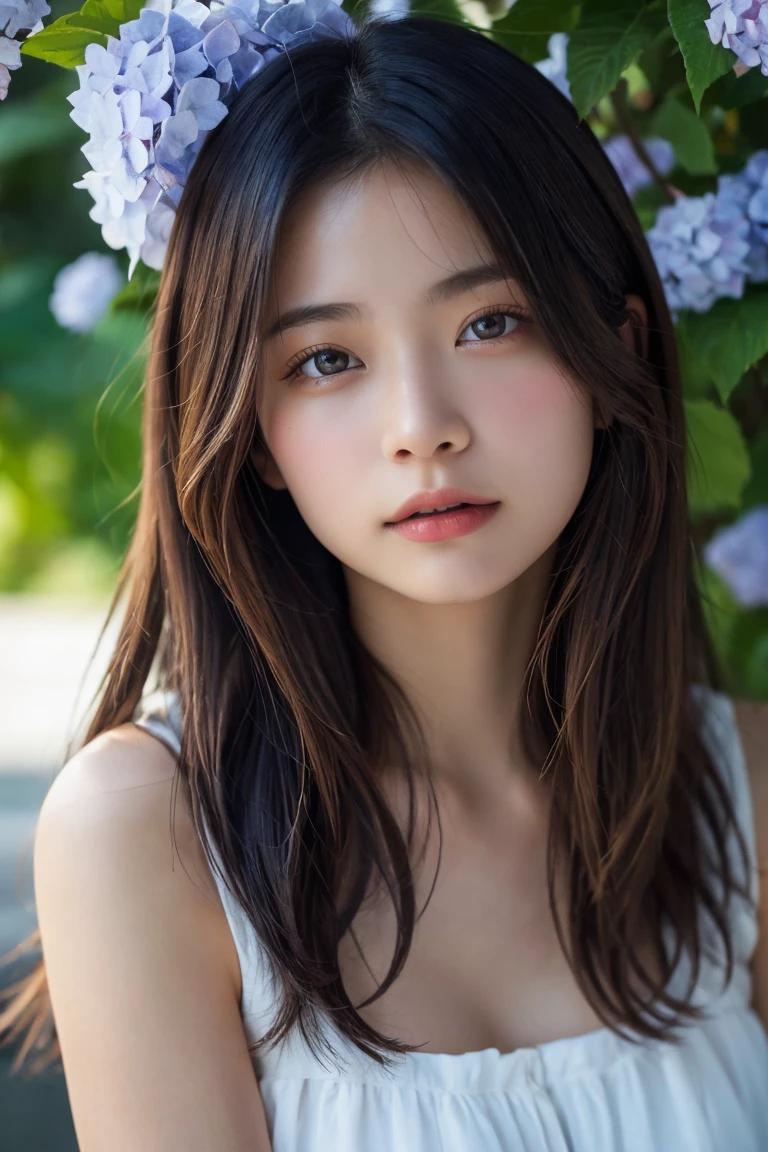 A highly detailed, photorealistic portrait of a beautiful young Asian woman with smooth skin, large expressive eyes, and natural makeup. She is surrounded by lush hydrangea bushes, with soft lighting and a shallow depth of field. The background is slightly blurred to emphasize her face. The image should capture her serene and gentle expression, with a focus on her delicate features and the natural beauty of the scene. High resolution, 8K, ultra-detailed, masterpiece, best quality、((Upper Body:1.3))