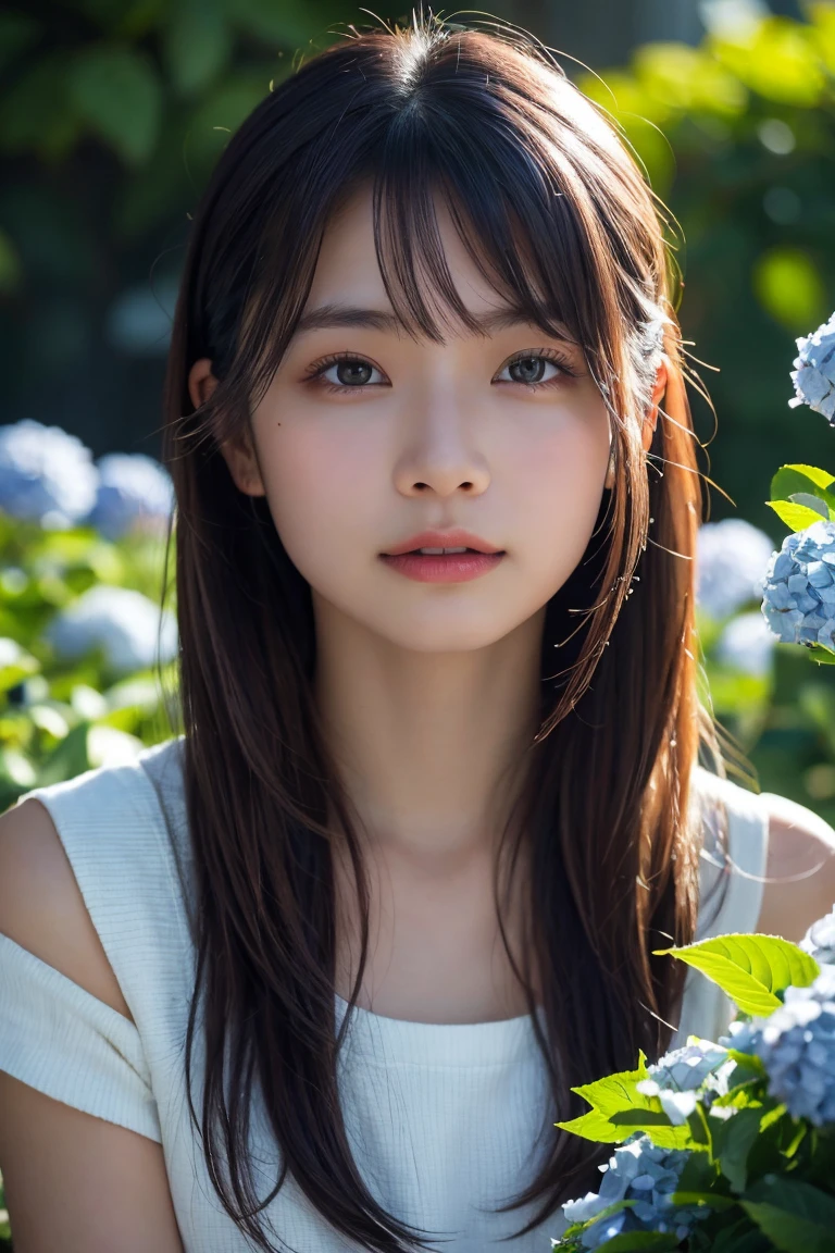 A highly detailed, photorealistic portrait of a beautiful young Asian woman with smooth skin, large expressive eyes, and natural makeup. She is surrounded by lush hydrangea bushes, with soft lighting and a shallow depth of field. The background is slightly blurred to emphasize her face. The image should capture her serene and gentle expression, with a focus on her delicate features and the natural beauty of the scene. High resolution, 8K, ultra-detailed, masterpiece, best quality、((Upper Body:1.3))