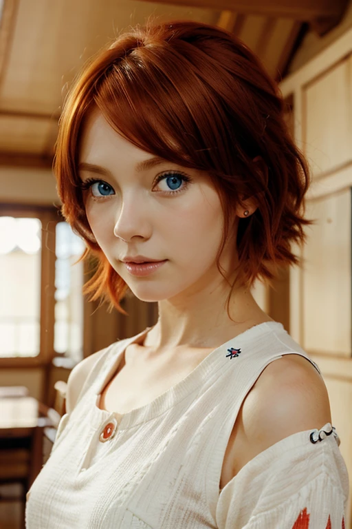 a chic one, red hair, anime,Impressionism, blue eyes, kawaii