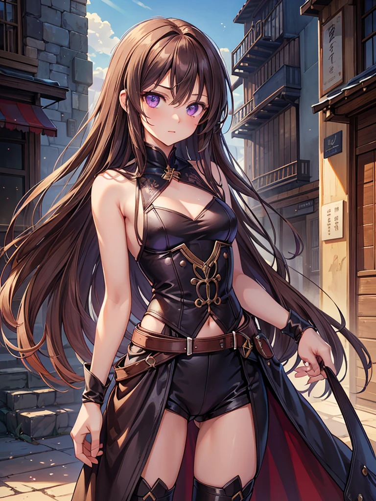 (Highest quality, masterpiece: 1.2), long brown hair, purple eyes, (very fine eye), outdoors, beautiful, shidou irina, medium chest, standing, ((cowboy shot, Elegant clothes)), Close, Perfect Anatomy, (No Sleeveless), (Healthy Skin), Movie Lighting, Detailed Face, Expressive Face.