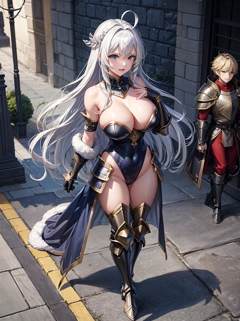 Woman knight、a beauty girl、huge tit、Excellent style、Nice Buddy、glamorous、leotard、s Armor、Shoulder rest armor、Bra chest armor、knee boots、gauntlets、hair adornments、silber hair、Longhaire、Ahoge、is standing、full body seen 、Medieval city、Walking、slightly open mouth、a smile、
