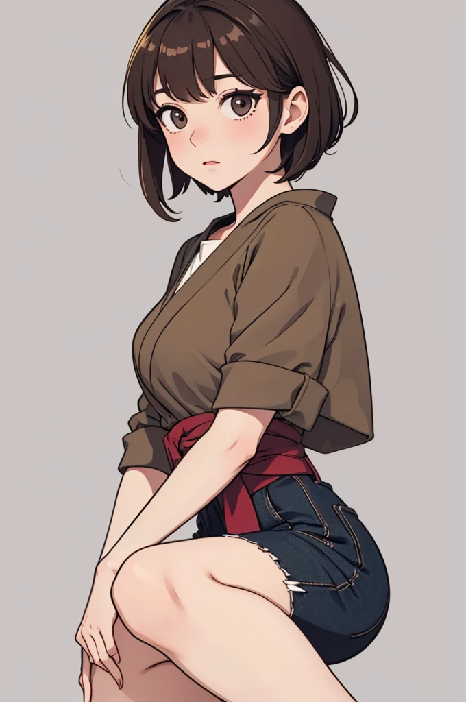 (((masterpiece, best quality, ultra highres, 1 girl, solo, no background))), super detailed skin and face and eyes and finger, beautiful japanese woman, small breasts:1.5, skinny, light brown hair, white background, very short pixie hair, (an illustration of girl), Knee shot, Generate with illustrations, Various expressions, Various poses, Please draw the entire character within the frame, ensuring that the head, arms, and legs are not cut off. The background should be simple, with the character positioned centrally, outline, anime, casual fashion,