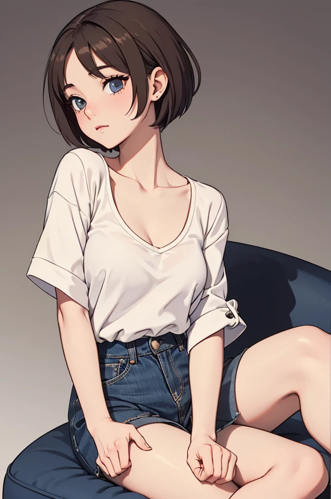 (((masterpiece, best quality, ultra highres, 1 girl, solo, no background))), super detailed skin and face and eyes and finger, beautiful japanese woman, small breasts:1.5, skinny, light brown hair, white background, very short pixie hair, (an illustration of girl), Knee shot, Generate with illustrations, Various expressions, Various poses, Please draw the entire character within the frame, ensuring that the head, arms, and legs are not cut off. The background should be simple, with the character positioned centrally, outline, anime, casual fashion,