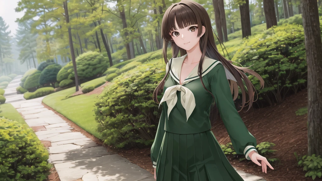 masterpiece, Highest quality, High resolution, aayoshino, , Long Hair, Twin Blade, Brown eyes, Hair that falls over the shoulders, , Sailor collar, neckerchief, Green Shirt, One piece sailor shirt, Long sleeve, Green Skirt, Long skirt, Are standing, Cowboy Shot, Outdoor, Person on the right, radiant face