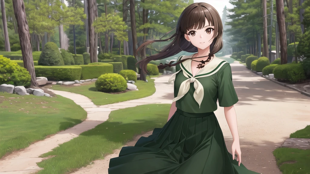 masterpiece, Highest quality, High resolution, aayoshino, , Long Hair, Twin Blade, Brown eyes, Hair that falls over the shoulders, , Sailor collar, neckerchief, Green Shirt, One piece sailor shirt, Long sleeve, Green Skirt, Long skirt, Are standing, Cowboy Shot, Outdoor, Person on the right, radiant face