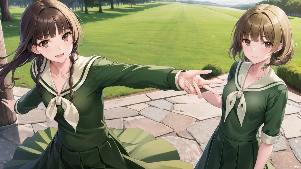 masterpiece, Highest quality, High resolution, aayoshino, , Long Hair, Twin Blade, Brown eyes, Hair that falls over the shoulders, , Sailor collar, neckerchief, Green Shirt, One piece sailor shirt, Long sleeve, Green Skirt, Long skirt, Are standing, Cowboy Shot, Outdoor, Person on the right, radiant face