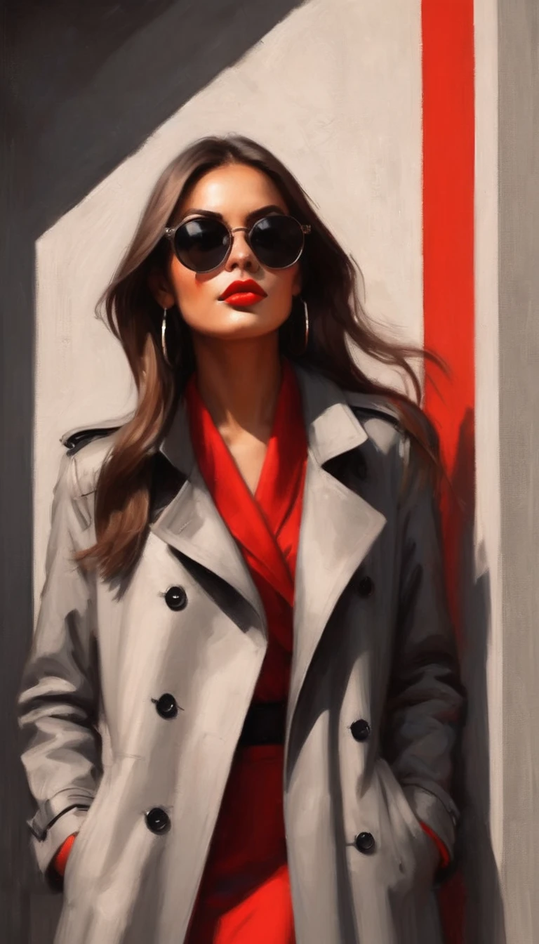 Simple vector illustration,Beautiful girl standing against the wall,unique,confidence,Long straight hair,sunglasses,Exaggerated earrings,unique,Staring at the audience),(Black deep V trench coat:1.37,Red bottoming skirt)。Looking from the bottom up,Geometric Light and Shadow,Clean and simple red background,Sense of space,White Space