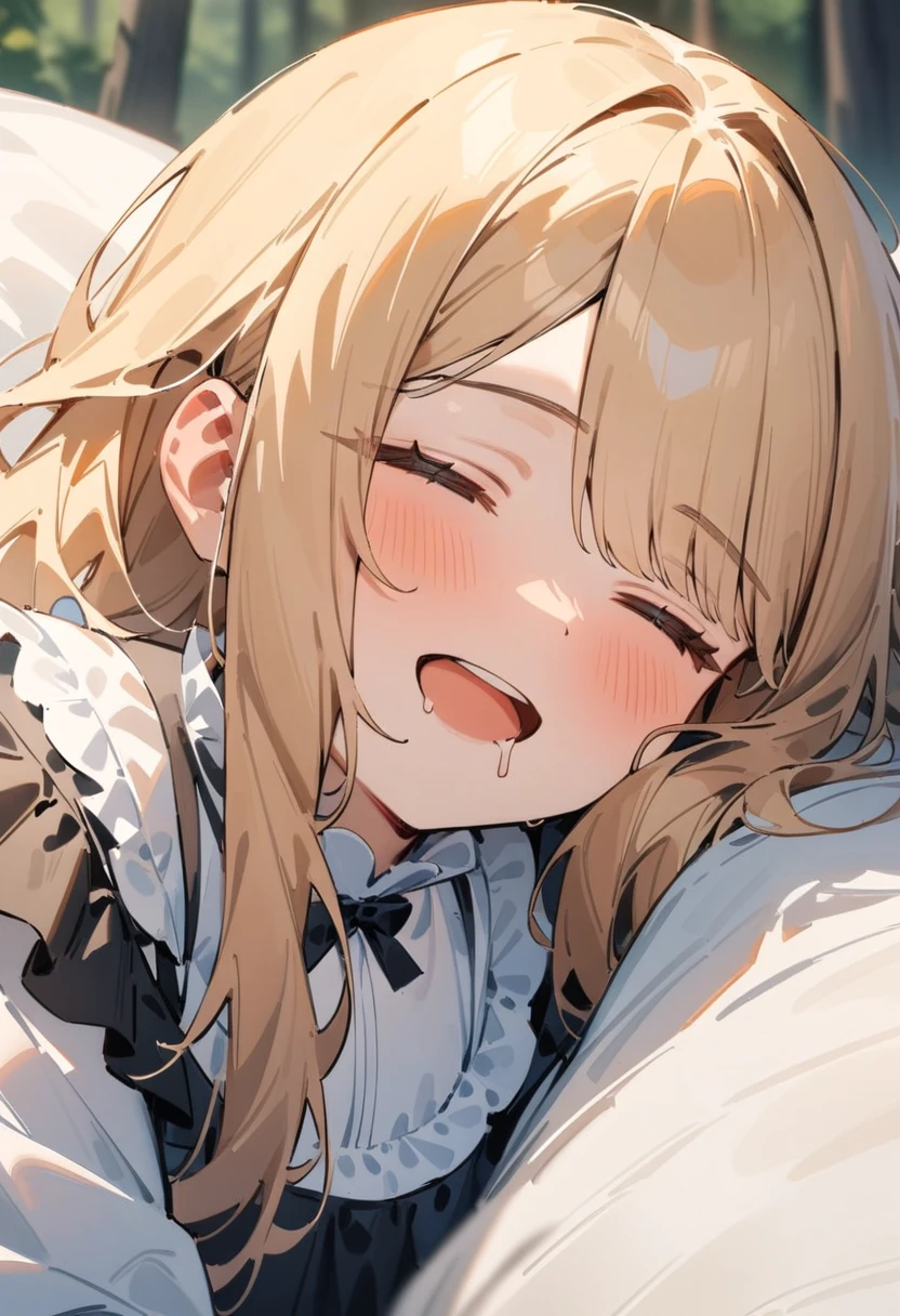 masterpiece, best quality, very aesthetic, absurdres, newest, 1girl, solo, sleeping, long hair, blonde hair, asymmetric bangs, open mouth, :d, drooling, peaceful expression, Victorian dress, in bed, forest, close-up, blurry, blurry background