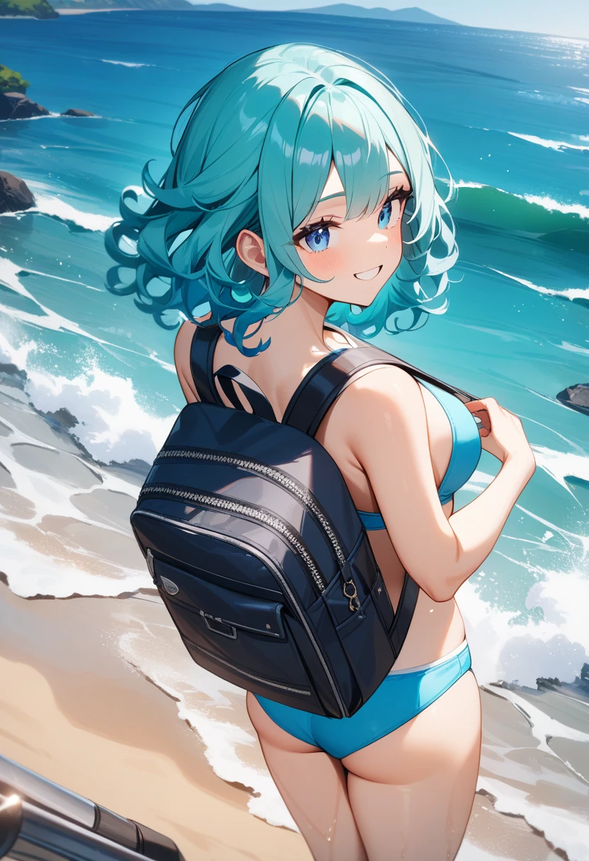 1girl, from behind, sexy smile, medium breasts, blue bikini, blue eyes, aqua hair, curly hair, gray backpack, sea, masterpiece quality, ultra HD, 4K, best quality,