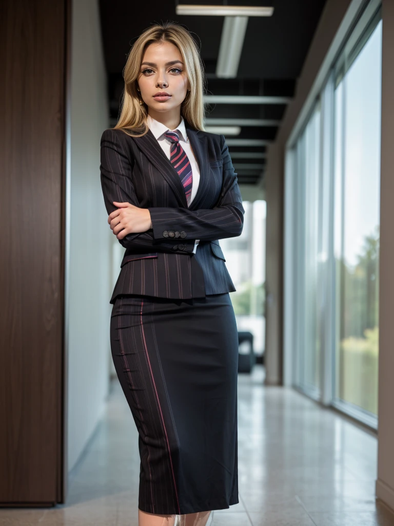 (masutepiece,High quality,16k:1.1),(depth of fields:1.3) ,((front body:1.35)), Ukrainian ,Woman, blonde,makeup,((business suit, black vertical striped pencil skirt )), voluptuous, thicc,(arms crossed:1.5) (wetting herself:1.5), (desperation:1.75),standing ,necktie peeing self, wetting her clothes