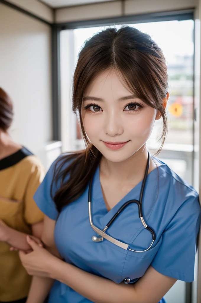 (1 Girl )、(Beautiful Japanese、30years old,round face、Refreshing、clear、seems kind、stylish、Pitiful、cute like an angel、cute、black eyes、(Single eyelid:1.3)、Beautiful skin), {(Japan human face:1.4),(General facial features)} , (((Beautiful breasts:0.4))),(((soft breasts))),(very cute),(updo, hair tendrils,brown hair,),(enchanting eyes),(highlight on eyes:1.2)、(8K、Live shooting、highest quality、masterpiece:1.2、optimal lighting)、((masterpiece)),(Photo taken by a professional photographer),(real、photo real:1.4),BREAK,((taraditional nurse uniform))},(cleavage:0.5)},( Smile),(cheeks are red:1.3), BREAK, hospital,Face shot:1.0、 face close-up,,(((1970s vibe)))、Hospital corridor,dynamic angle,,standing,Holding hands on patient's body