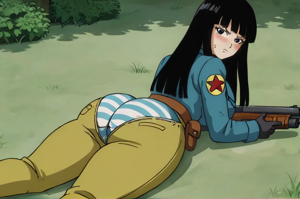 source_anime, score_9,score_8_up, score_7_up, anime screencap,
solo, 1girl, big butt, big breasts, thick thighs, wide hips, huge booty, pants halfway down showing big butt, torn pants, white blue striped panties, exposed butt, slight scratches on butt, massive ass, curvy body, from behind,
mai, long hair, black hair, black eyes, coat, military, military uniform, pouch, black gloves, uniform, yellow pants, angry, blushing, embarrassed, looking at viewer, lying on stomach, forest, tree, grass, gun focus,