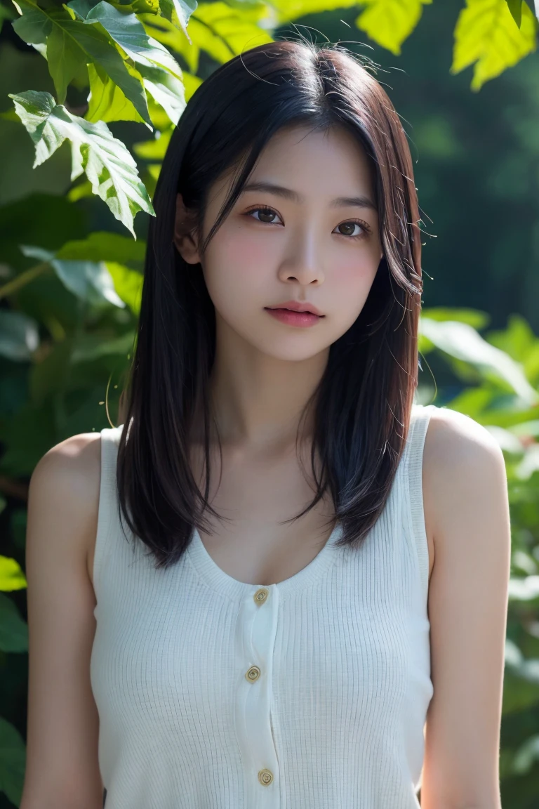 A close-up portrait of a young Asian woman with long, straight black hair, soft natural lighting, and a serene expression. She is wearing a simple, elegant outfit and standing in front of a blurred background of green foliage. High detail, photorealistic, 8k resolution, ultra-detailed、((Upper Body:1.3))
