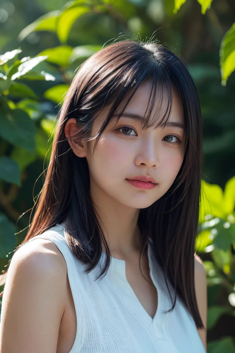 A close-up portrait of a young Asian woman with long, straight black hair, soft natural lighting, and a serene expression. She is wearing a simple, elegant outfit and standing in front of a blurred background of green foliage. High detail, photorealistic, 8k resolution, ultra-detailed、((Upper Body:1.3))