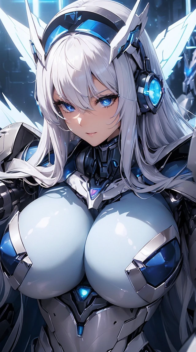 ((Extreme close up:1.6))、(((Lenses shining on both breasts:1.3)))、((Blue pillars of light radiate from both of his chests..:1.3))、break、(((Dynamic pose:1.8)))、smile、((8K)), ((32k)), ((Highest quality)), ((masterpiece)), ((超A high resolution)), ((Tmasterpiece)), ((Halation:1.4))、((Mechaニカルheadgear:1.2))、((Cyber Headphones:1.3))Fine skin, High quality fabric, High-quality metal texture、((Beautiful and dense face))、RAW Photos、Professional, Ultra-fine painting, ((alone)), Beautiful breasts、Highest quality, Very detailed, Very detailed詳細, Finer details, so beautiful, ((Princess Knight Robot:1.2)), (Joint of the machine, Mechanical Limbs:1.3), (The internal structure of the machine is exposed:1.3), (Long silver hair:1.1), (Beautiful and huge mechanical breasts)、White Veil, cowboy_shot, Side Focus, headgear, Shiny、(Five Fingers, Four fingers and thumb),Concept Art, Anime fantasy artwork, Detailed fantasy art, (with pale blue-violet hair and large white wings,,,,,,,,), (((Long silver hair))), (Mecha:1.6)、Sleek and intimidating design, ((Commander-in-Chief'arm)), (Perfect robot body)、純白と青紫のarmまたは, Symmetrical wings, 8K High Resolution, Detailed Art, 3D rendering of character art in 8K, neat legs, Defined, Defined fingers,((headshot:1.3))