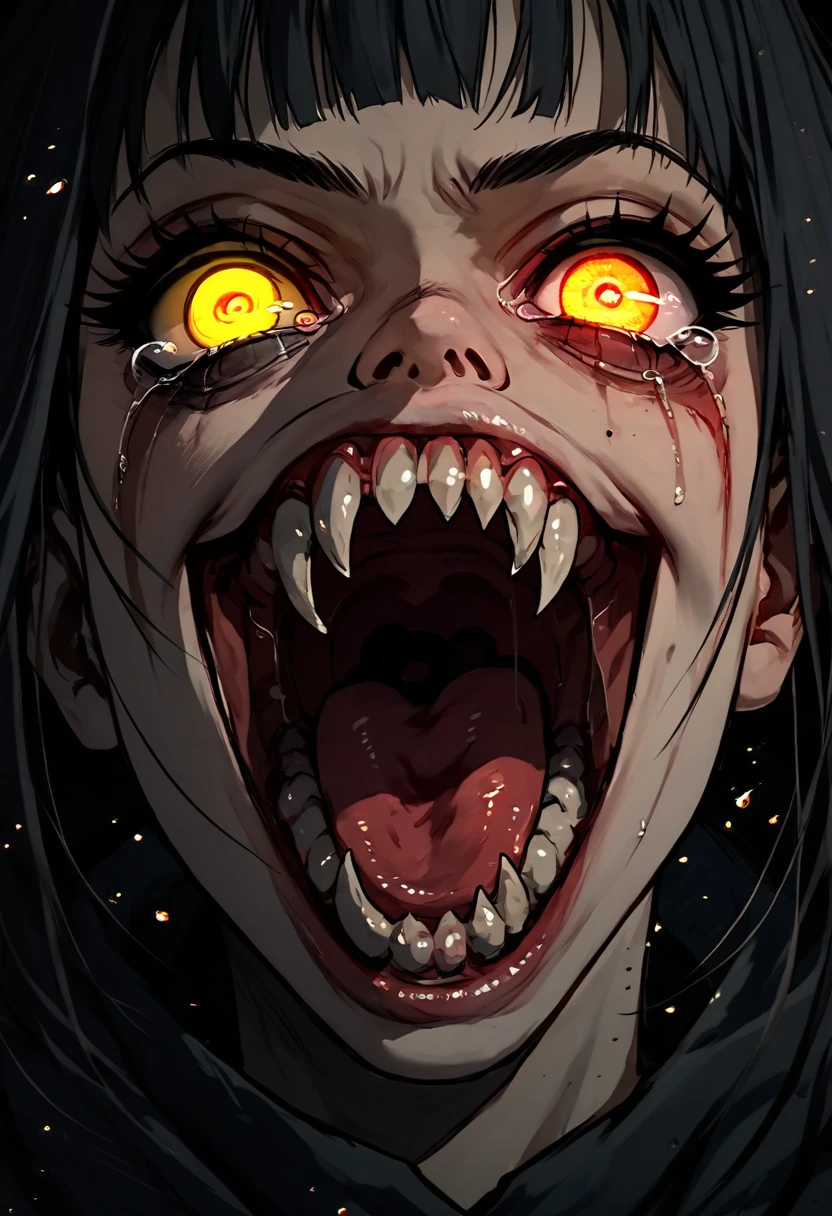 score_9, score_8_up, score_7_up, score_6_up,Madness,1girl,solo,looking at viewer,open mouth,bangs,yellow eyes,sharp teeth,tears,eyelashes,glowing,heterochromia,portrait,light particles,close-up,eye focus , yandere , crazy laugh , scary laugh
