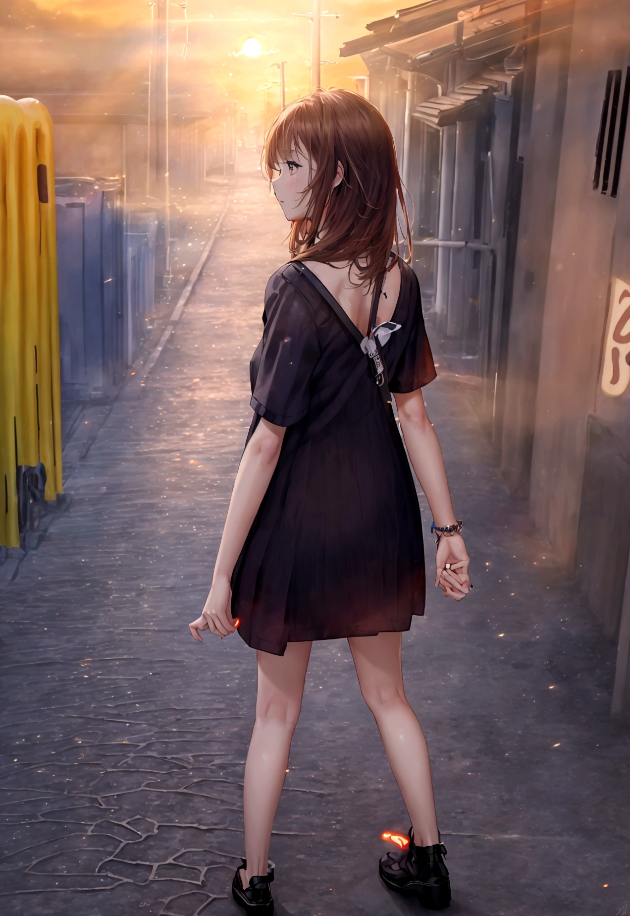 -Blues, High resolution, masterpiece, high quality, Attention to detail, 最high quality, High resolution, High resolution, 16K,In the middle of a city street, One Girl, alone, Outdoor, whole body, , Japanese girl, scenery, sign, Butt, underwear, The background is neon signs and illuminated storefronts.、In a bright and lively street、It creates a vibrant and dynamic atmosphere., Are standing, Long legs, From behind, shirt, Cloud y Null, Wide Shot, sunset, Electric pole, Brown Hair, Turn your back, Power lines,