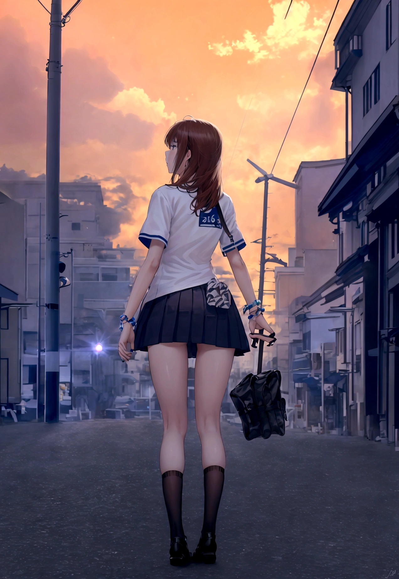 -Blues, High resolution, masterpiece, high quality, Attention to detail, 最high quality, High resolution, High resolution, 16K,In the middle of a city street, One Girl, alone, Outdoor, whole body, , Japanese girl, scenery, sign, Butt, underwear, The background is neon signs and illuminated storefronts.、In a bright and lively street、It creates a vibrant and dynamic atmosphere., Are standing, Long legs, From behind, shirt, Cloud y Null, Wide Shot, sunset, Electric pole, Brown Hair, Turn your back, Power lines,