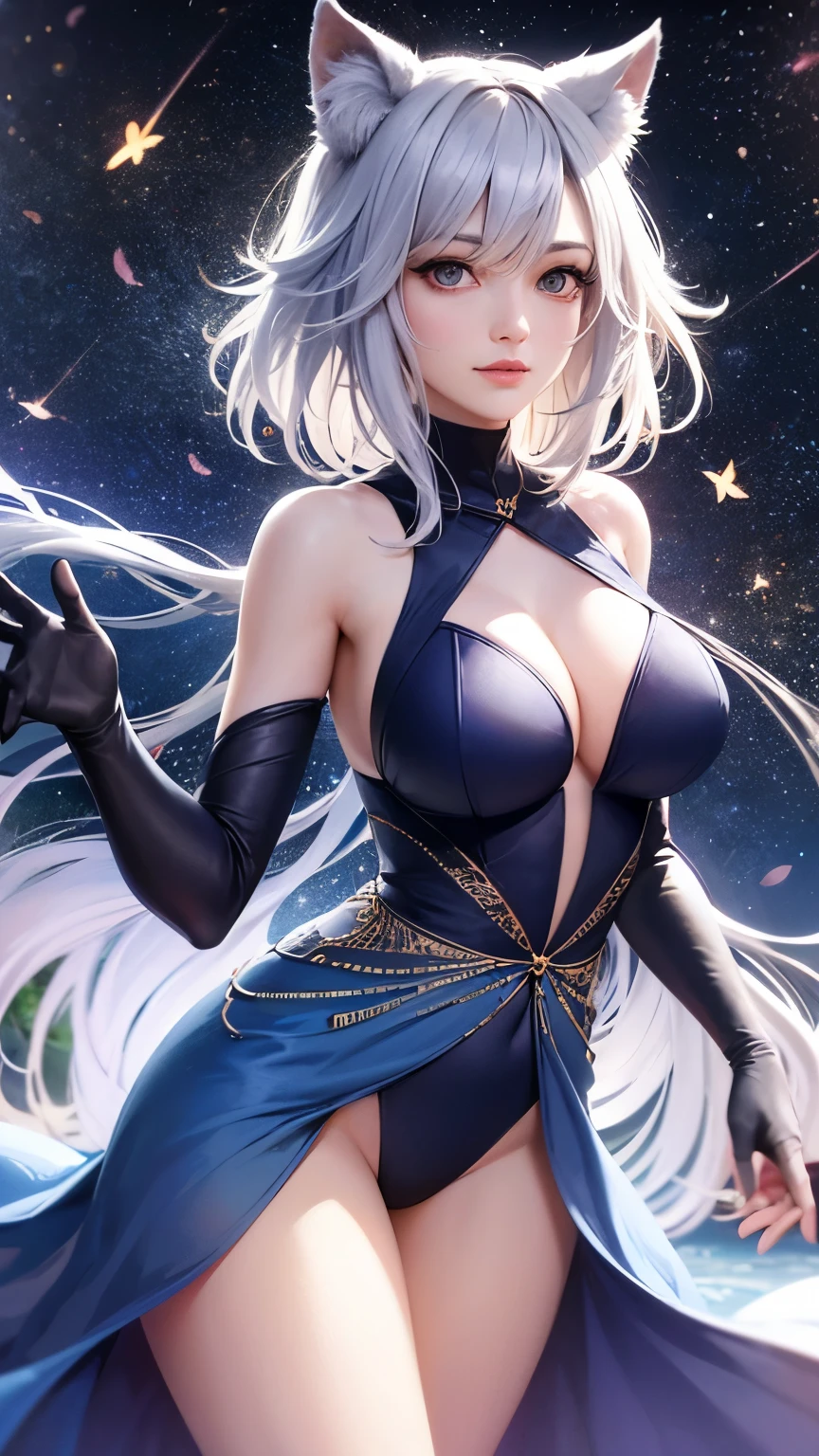 Highest quality, Super quality, 16K, Incredibly absurd, Very detailed, 2.5D, delicate and dynamic, Small faint lights and flying fireflies, night, Starry Sky, milky way, nebula, shooting star,,erotic, sole sexy lady, healthy shaped body, 22 years old lady, 170cm tall, huge firm bouncing busts, Colorful stripes of light, A long dress with a complex structure, Colorful dress, arctic fox, Fox Dance