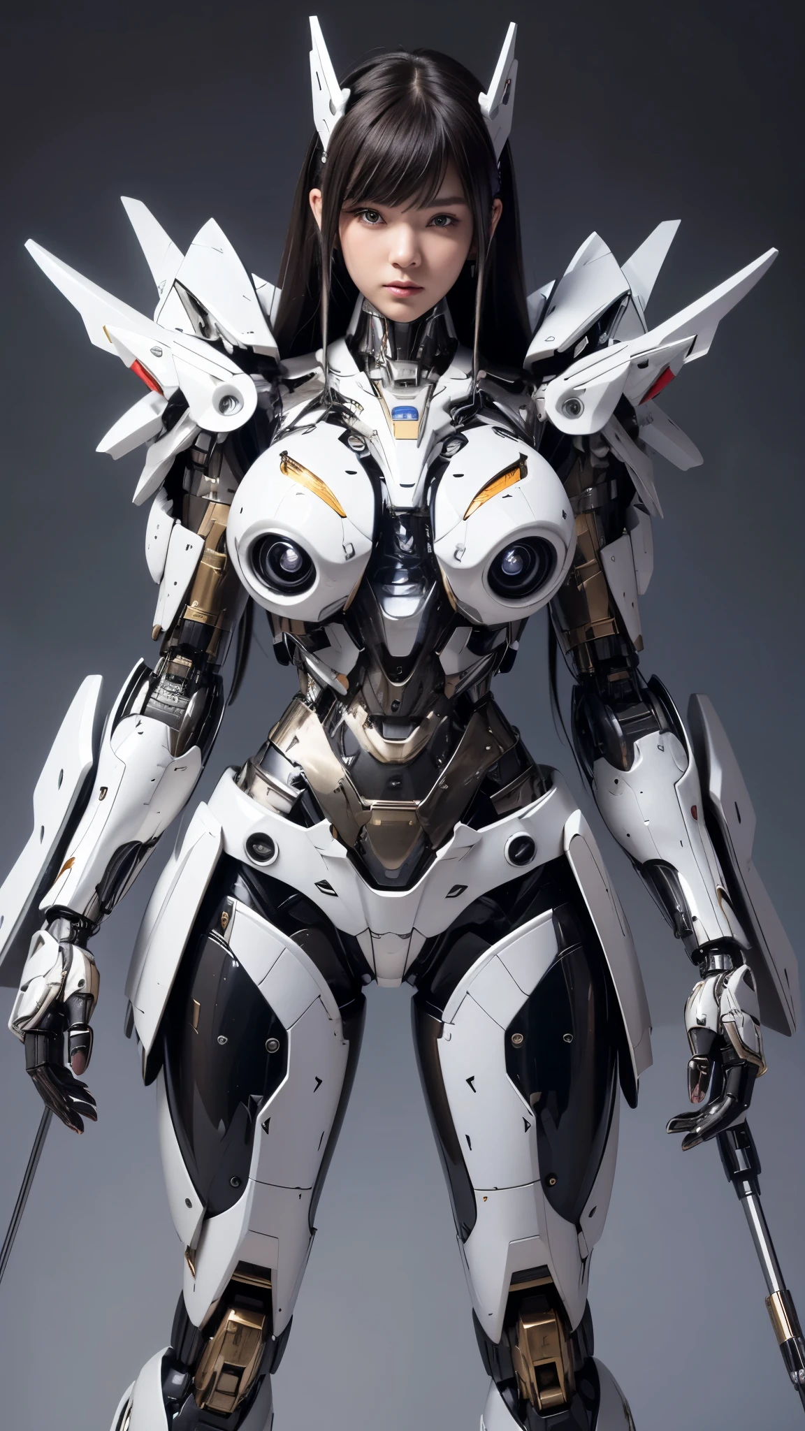 Textured skin, Super Detail, high details, High quality, Best Quality, hight resolution, 1080p, hard disk, Beautiful,(Super Heroine),(Mecha Queen),Oppai Missile,beautiful cyborg woman,Mecha Cyborg Girl,Battle Mode,Girl with a Mecha Body,She wears a battle cyborg mech with a weapon,Fulll body Shot