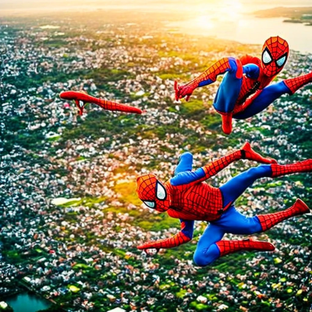 Make a cool spiderman scene, in rain, dark night, cyan and red light