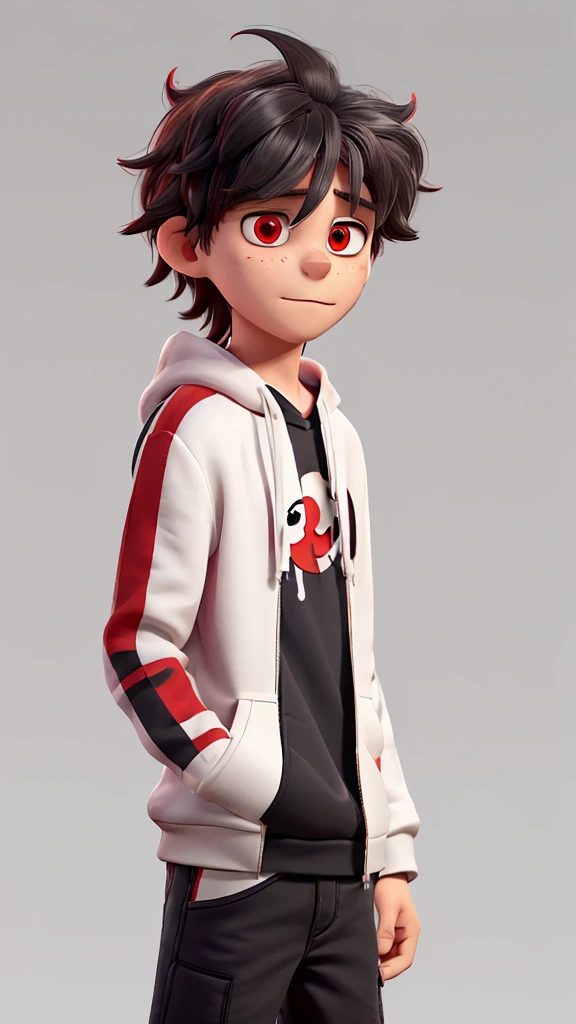 Boy with messy hair, red eyes, quiet type, Black hoodie with white and red stripes on the sleeves