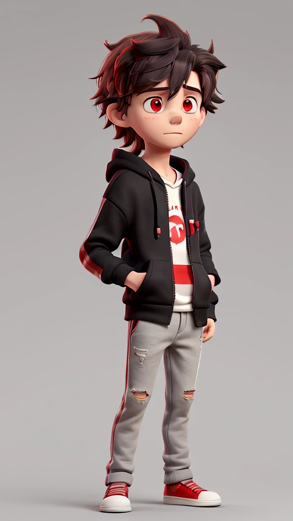 Boy with messy hair, red eyes, quiet type, Black hoodie with white and red stripes on the sleeves