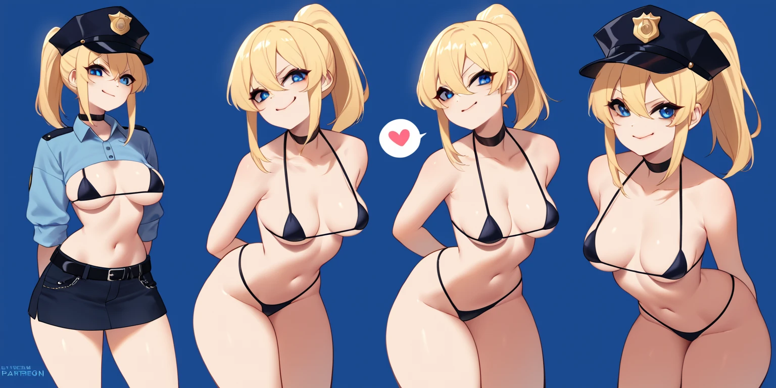 score_9, score_8_up, score_7_up, score_6_up, score_5_up, score_4_up,
BREAK
1girl, blonde hair, ponytail, blue eyes, police cap, smug, black choker, spoken heart,
BREAK
solo, standing, cowboy shot, medium breasts, thick thighs, arched back, leaning forward, arms, bikini ,behind back,
BREAK
blue background, simple background, flat color, big tits,mujer con micro bikini,big breats,