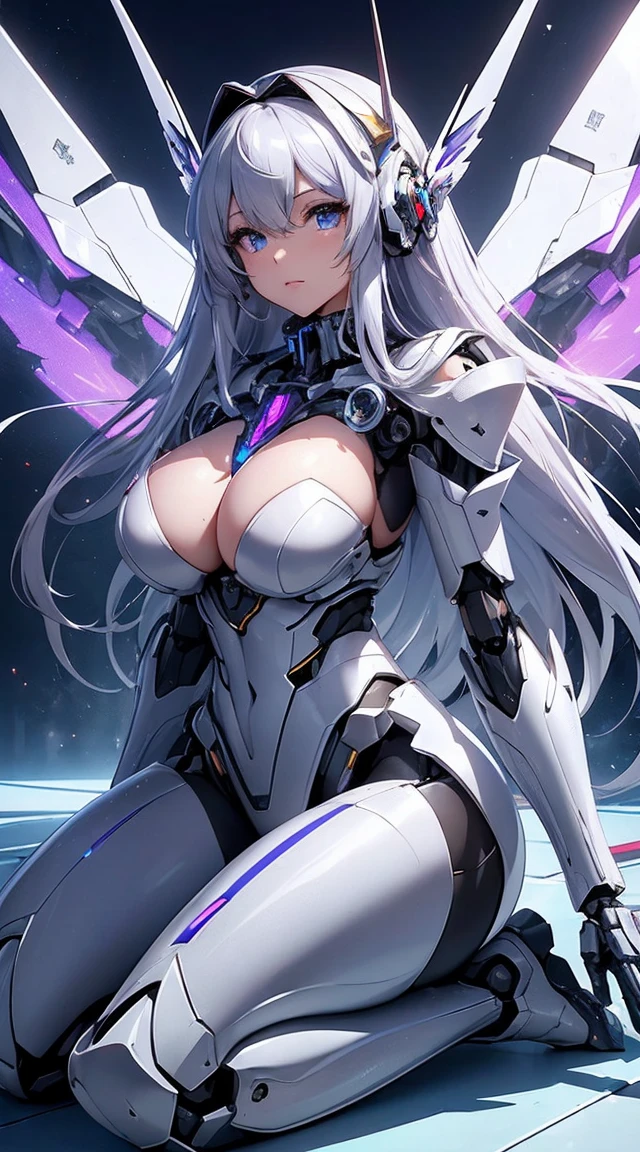 (Sit with one knee on the machine:1.6)、(Full body description:1.3)、((Shining lenses on both breasts:1.3))、((Blue pillars of light are emanating from both chests.:1.3))、smile、((8K)), ((32k)), ((Highest quality)), ((masterpiece)), ((超A high resolution)), ((Tmasterpiece)), ((Halation:1.4))、((Mechaニカルheadgear:1.2))、((Cyber Headphones:1.3))、Fine skin, High quality fabric, Fine metal texture、((Beautiful and dense face))、RAW Photos、Professional, Ultra-fine painting, ((alone)), Beautiful breasts、Highest quality, Very detailed, Very detailed詳細, Finer details, so beautiful, ((Princess Knight Robot:1.2)), (Joints of machines, Mechanical Limbs:1.3), (The internal structure of the machine is exposed:1.3), (Long silver hair:1.1), (Beautiful and huge mechanical breasts)、White Veil, cowboy_shot, Side Focus, headgear, Shiny、(Five Fingers, Four fingers and thumb),Concept Art, Anime fantasy artwork, Detailed fantasy art, (with pale blue-violet hair and large white wings,,,,,,,), (((Long silver hair))), (Mecha:1.6)、Sleek and intimidating design, ((Commander-in-Chief'arm)), (Perfect robot body)、純白と青紫armまたは, Symmetrical wings, 8K high quality, detailed art, 3D rendering of character art in 8K, neat legs, Defined, Defined fingers,