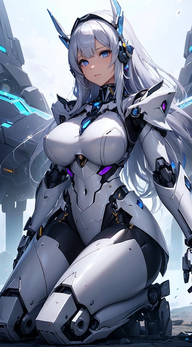 (Sit with one knee on the machine:1.6)、(Full body description:1.3)、((Shining lenses on both breasts:1.3))、((Blue pillars of light are emanating from both chests.:1.3))、smile、((8K)), ((32k)), ((Highest quality)), ((masterpiece)), ((超A high resolution)), ((Tmasterpiece)), ((Halation:1.4))、((Mechaニカルheadgear:1.2))、((Cyber Headphones:1.3))、Fine skin, High quality fabric, Fine metal texture、((Beautiful and dense face))、RAW Photos、Professional, Ultra-fine painting, ((alone)), Beautiful breasts、Highest quality, Very detailed, Very detailed詳細, Finer details, so beautiful, ((Princess Knight Robot:1.2)), (Joints of machines, Mechanical Limbs:1.3), (The internal structure of the machine is exposed:1.3), (Long silver hair:1.1), (Beautiful and huge mechanical breasts)、White Veil, cowboy_shot, Side Focus, headgear, Shiny、(Five Fingers, Four fingers and thumb),Concept Art, Anime fantasy artwork, Detailed fantasy art, (with pale blue-violet hair and large white wings,,,,,,,), (((Long silver hair))), (Mecha:1.6)、Sleek and intimidating design, ((Commander-in-Chief'arm)), (Perfect robot body)、純白と青紫armまたは, Symmetrical wings, 8K high quality, detailed art, 3D rendering of character art in 8K, neat legs, Defined, Defined fingers,