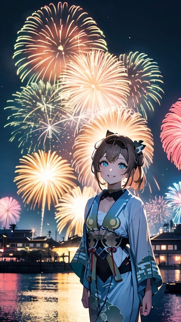 (masterpiece, Highest quality, Super detailed),One girl,((super fine illustration)),((cute eyes,highly detailed skin)),((smile)),(well endowed,Blessed,Captivating body、Detailed Background)、((Blue yukata、Blue kimono)),firework,(大量のfirework,Night view,Ocean)、Festivals