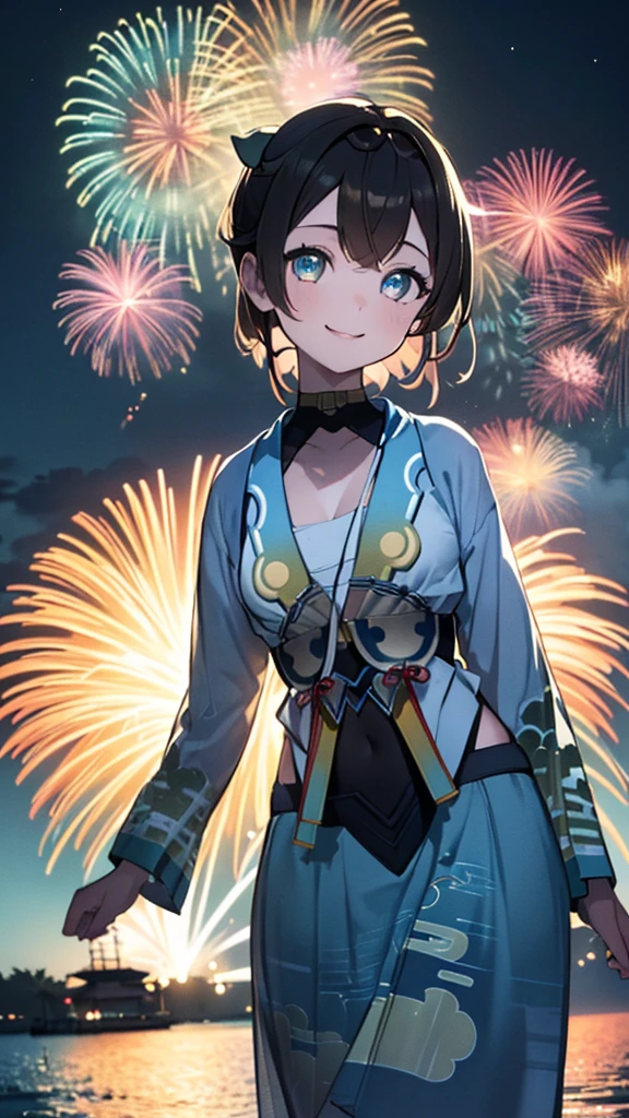 (masterpiece, Highest quality, Super detailed),One girl,((super fine illustration)),((cute eyes,highly detailed skin)),((smile)),(well endowed,Blessed,Captivating body、Detailed Background)、((Blue yukata、Blue kimono)),firework,(大量のfirework,Night view,Ocean)、Festivals