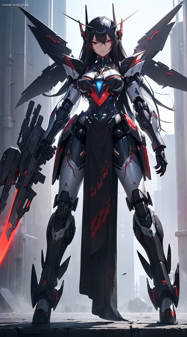 ((Shining lenses on both breasts:1.3))、((Pillars of red light radiate from both chests..:1.3))、((Attack pose:1.6))、((He has a red sword and a long rifle:1.6))、((Battle Scenes:1.8))、((8K)), ((32k)), ((Highest quality)), ((masterpiece)), ((超A high resolution)), ((Tmasterpiece)), ((Halation:1.4))、((Mechaニカルheadgear:1.2))、((Cyber Headphones:1.3))Fine skin, High quality fabric, High-quality metal texture、((Beautiful and dense face))、RAW Photos、Professional, Ultra-fine painting, ((alone)), Beautiful breasts、Highest quality, Very detailed, Very detailed詳細, Finer details, so beautiful, ((Black Knight Robot:1.2)),  (Joint of the machine, Mechanical Limbs:1.3), (The internal structure of the machine is exposed:1.3), (Long black hair:1.1), (Beautiful and huge mechanical breasts)、White Veil, cowboy_shot, Side Focus, headgear, Shiny、(Five Fingers, Four fingers and thumb),Concept Art, Anime fantasy artwork, Detailed fantasy art, (Has light blue-purple hair and black wings,,,,,,), (((Long black hair))), (Mecha:1.6)、Sleek and intimidating design,  (Jet black perfect robot body)、Jet black and reddish purple arms, Symmetrical wings, 8K High Resolution, Detailed Art, 3D rendering of character art in 8K, neat legs, Defined, Defined fingers,((headshot:1.6))