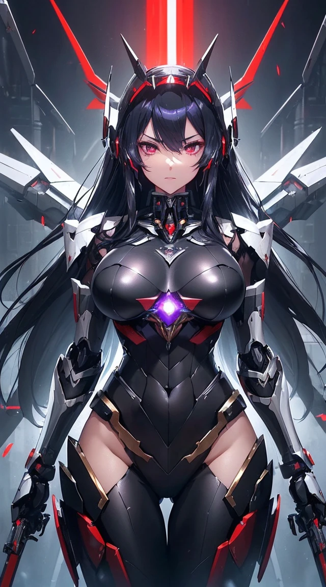 ((Shining lenses on both breasts:1.3))、((Pillars of red light radiate from both chests..:1.3))、((Attack pose:1.6))、((He has a red sword and a long rifle:1.6))、((Battle Scenes:1.8))、((8K)), ((32k)), ((Highest quality)), ((masterpiece)), ((超A high resolution)), ((Tmasterpiece)), ((Halation:1.4))、((Mechaニカルheadgear:1.2))、((Cyber Headphones:1.3))Fine skin, High quality fabric, High-quality metal texture、((Beautiful and dense face))、RAW Photos、Professional, Ultra-fine painting, ((alone)), Beautiful breasts、Highest quality, Very detailed, Very detailed詳細, Finer details, so beautiful, ((Black Knight Robot:1.2)), (Joint of the machine, Mechanical Limbs:1.3), (The internal structure of the machine is exposed:1.3), (Long black hair:1.1), (Beautiful and huge mechanical breasts)、White Veil, cowboy_shot, Side Focus, headgear, Shiny、(Five Fingers, Four fingers and thumb),Concept Art, Anime fantasy artwork, Detailed fantasy art, (Has light blue-purple hair and black wings,,,,,,), (((Long black hair))), (Mecha:1.6)、Sleek and intimidating design, (Jet black perfect robot body)、Jet black and reddish purple arms, Symmetrical wings, 8K High Resolution, Detailed Art, 3D rendering of character art in 8K, neat legs, Defined, Defined fingers,((headshot:1.6))
