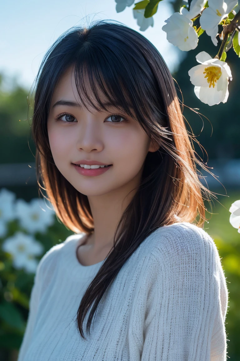 A photorealistic image of a young Asian woman with a gentle smile, soft lighting, and a background of blooming flowers. Her hair is slightly tousled by the wind, and she has a natural, fresh look. High resolution, ultra-detailed, 8K, best quality、((Upper Body:1.3))