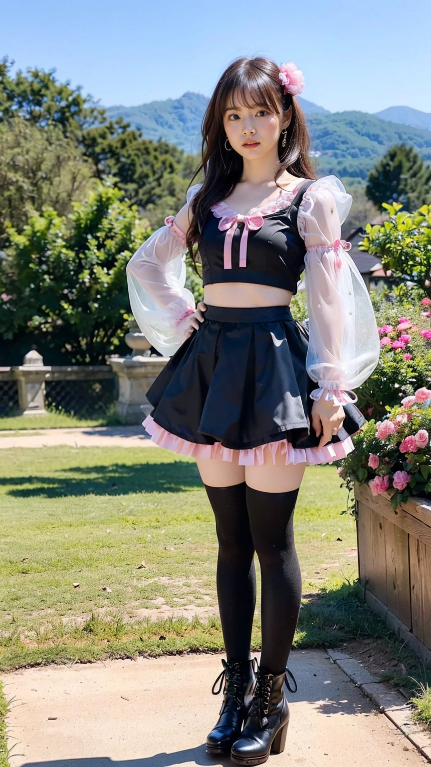 (8K、RAW Photos、Highest quality、masterpiece:1.2)、(Realistic、Realistic)、1 Girl、((Pink and black mini skirt、one piece、Frills、Medium Hair、Pretty Cure Costume、See-through、tights、ribbon、boots、chest emphasis、whole body、garden、View from the front、Looking into the camera、Stand with hands on hips))、